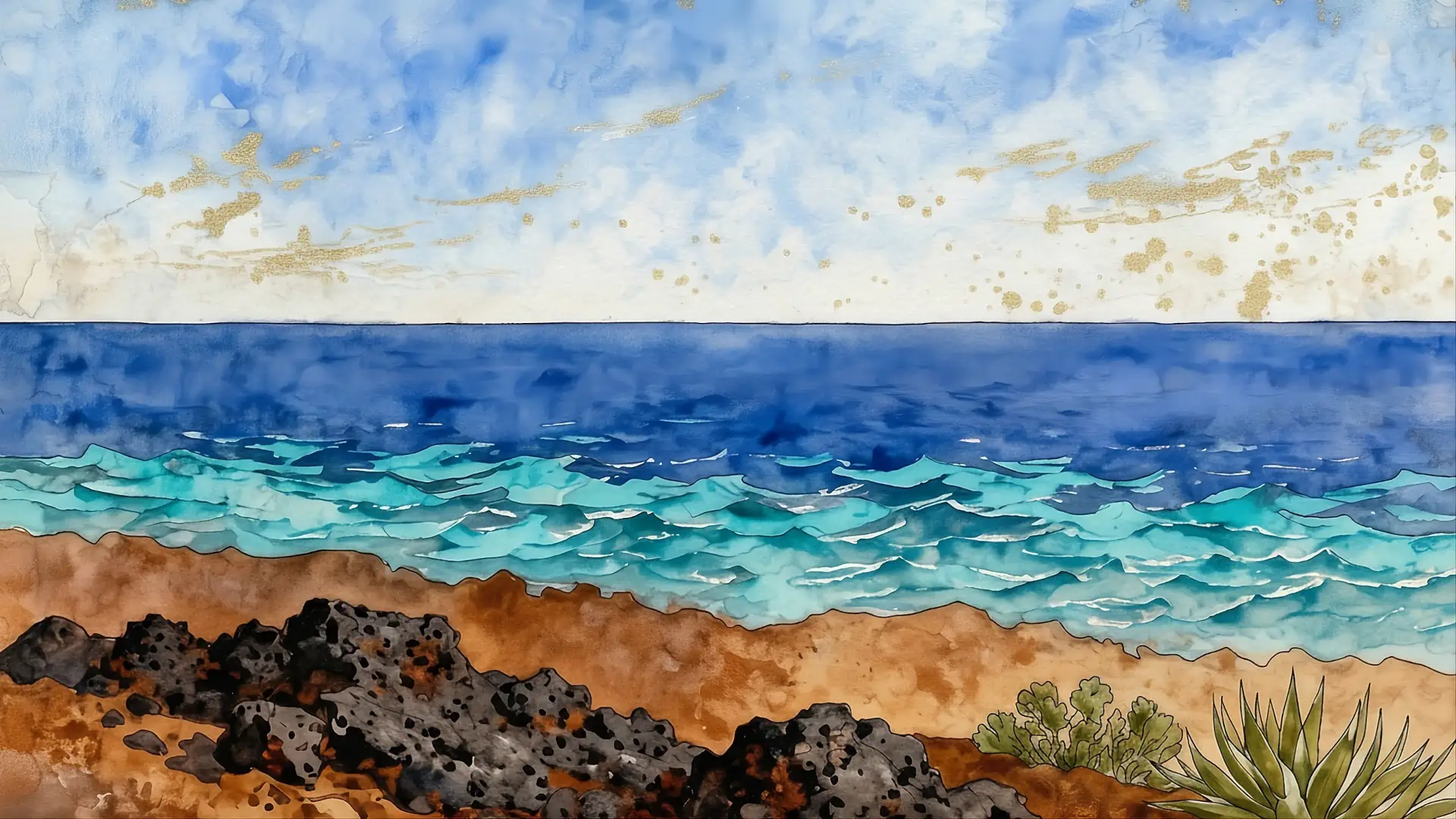 Dipinto materico in stile acquerello rappresentante i colori della Sicilia: mare turchese, roccia lavica nera e vegetazione mediterranea.