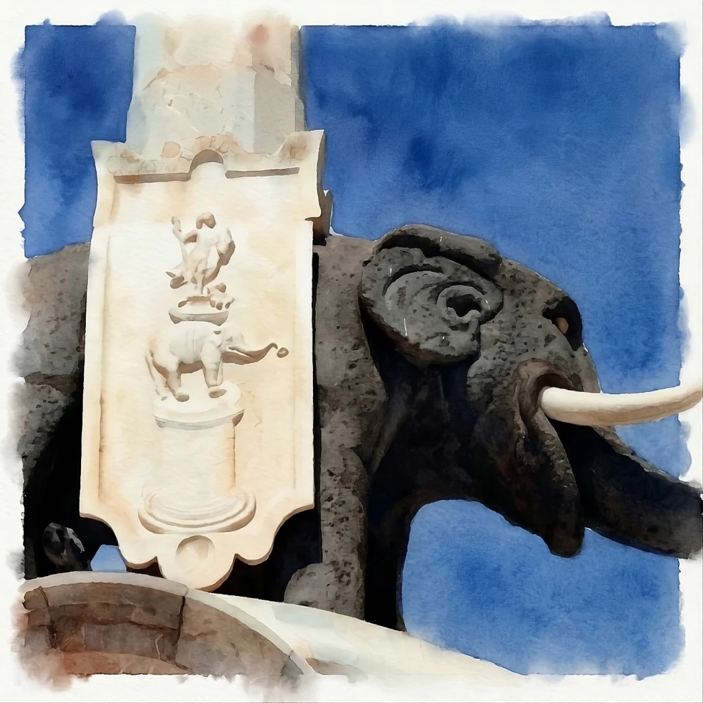 Illustrazione ad acquerello del Liotru, l'elefante di pietra lavica in Piazza Duomo, simbolo di Catania in Sicilia