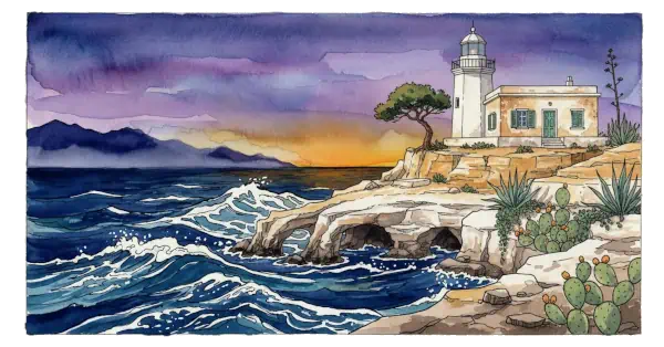 Illustrazione ad acquerello del crepuscolo sul mare di Sicilia, con un candido faro mediterraneo e la sua casetta su scogliere dorate, circondato da fichi d'india, agavi e un pino marittimo.