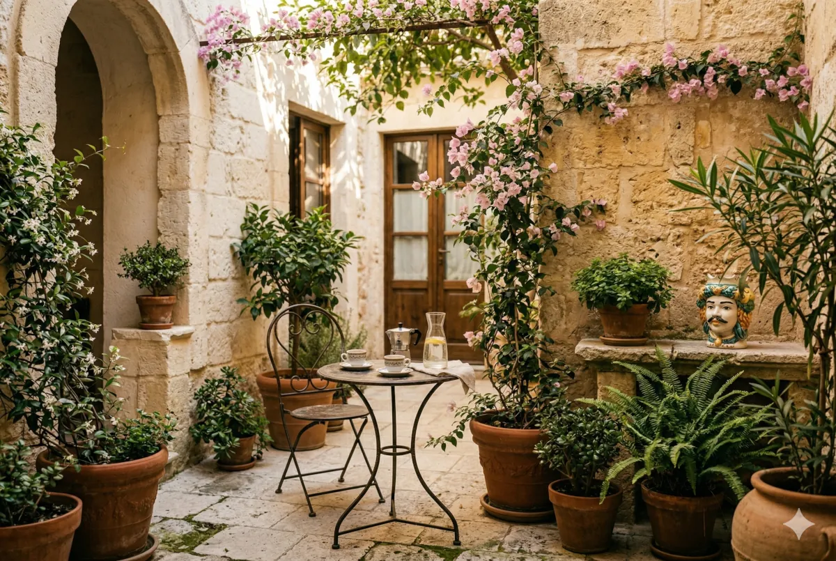 Cortile privato esterno di Casa Antonino a Siracusa, Sicilia.