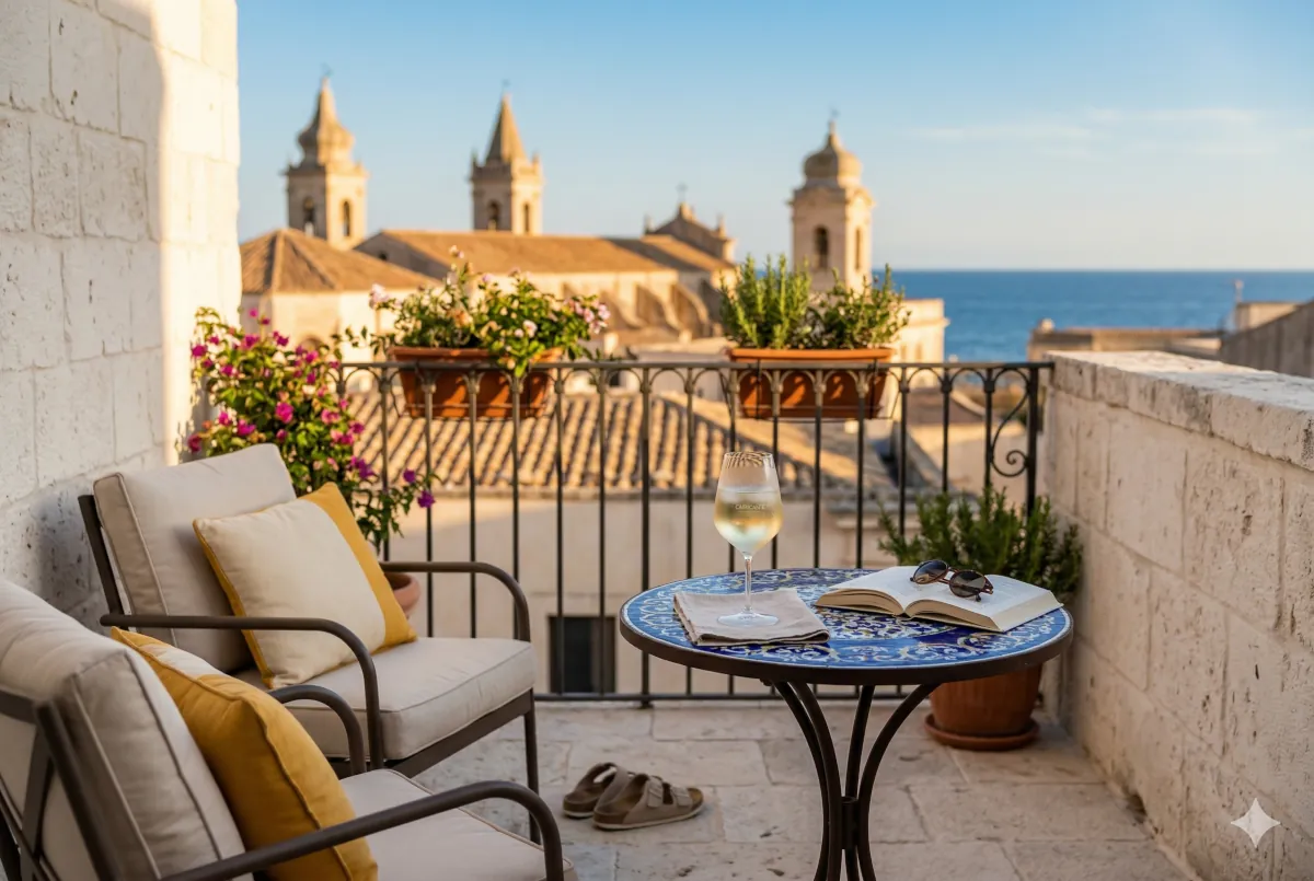 Ampio balcone arredato di Casa Maria a Siracusa, Sicilia: affaccio su un tranquillo cortile interno.