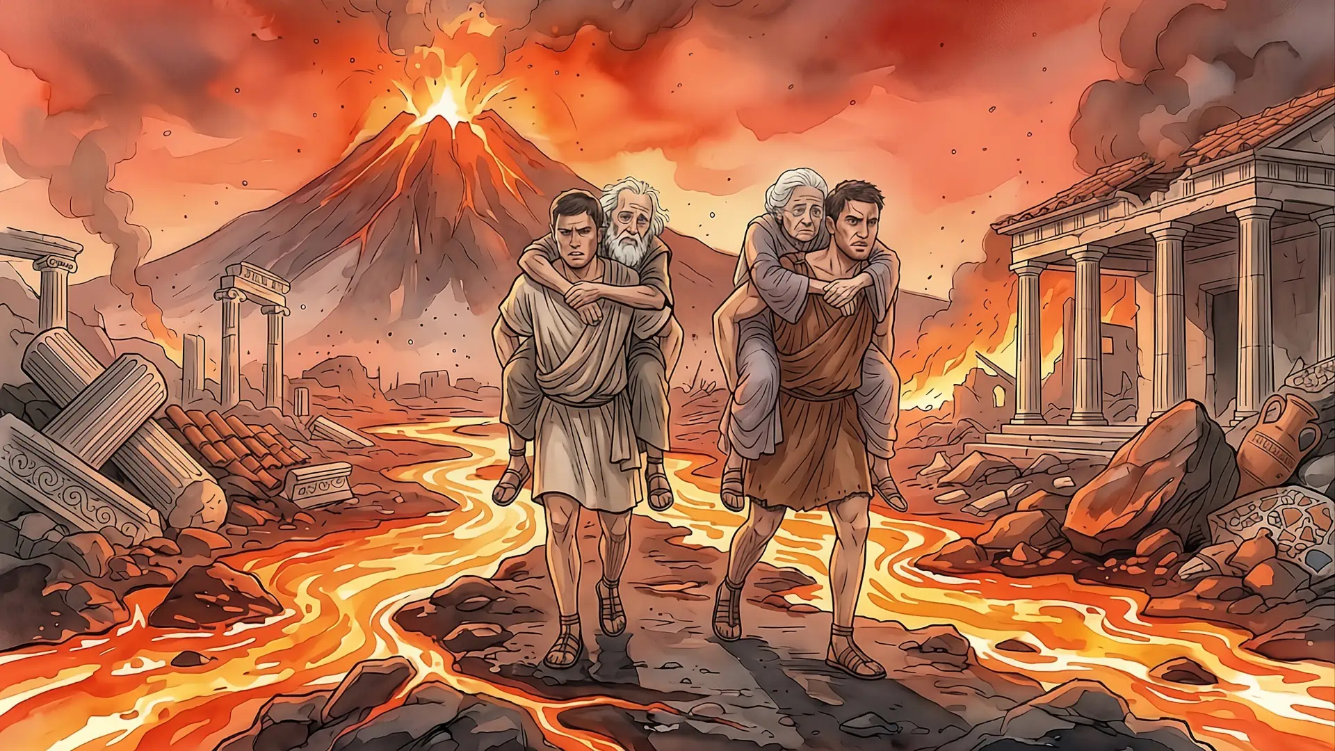 Illustrazione artistica ad acquerello della leggenda popolare dei pii fratelli