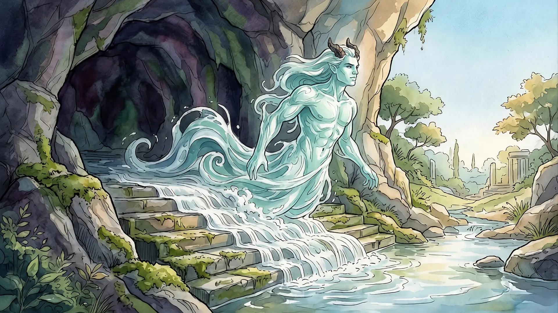Illustrazione artistica ad acquerello della leggenda popolare dell'Amenano