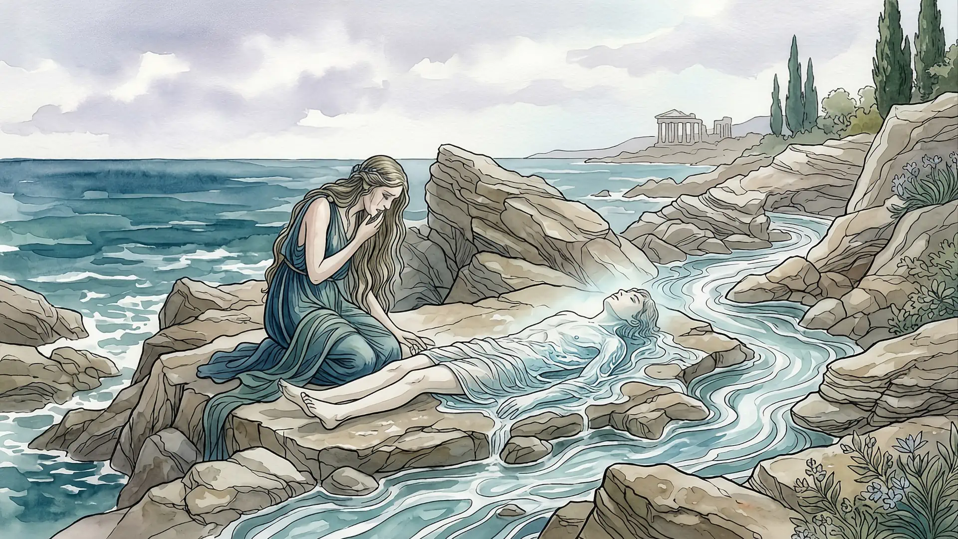 Illustrazione artistica ad acquerello del mito greco di Aci e Galatea