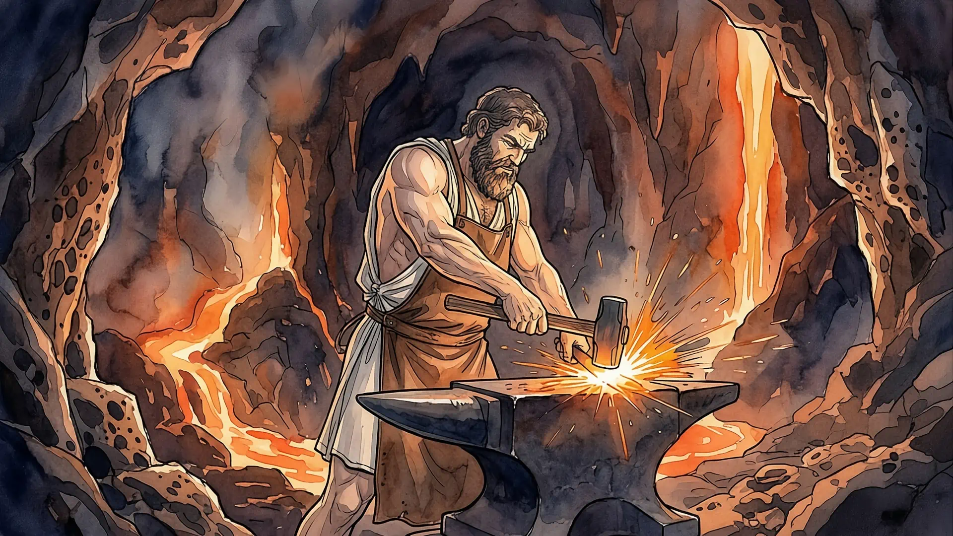 Illustrazione artistica ad acquerello del mito di Efesto, dio del fuoco