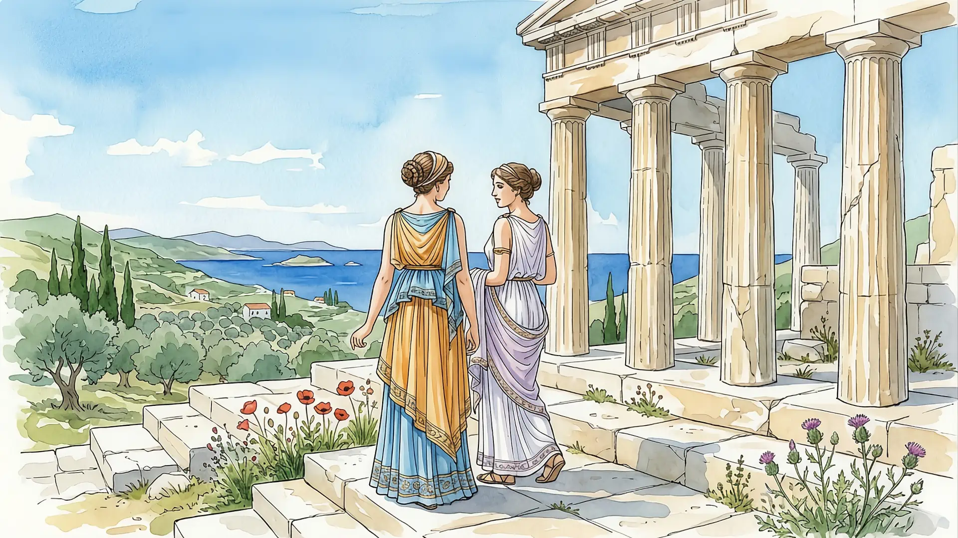 Illustrazione artistica ad acquerello del mito antico delle Sorelle Callipigie