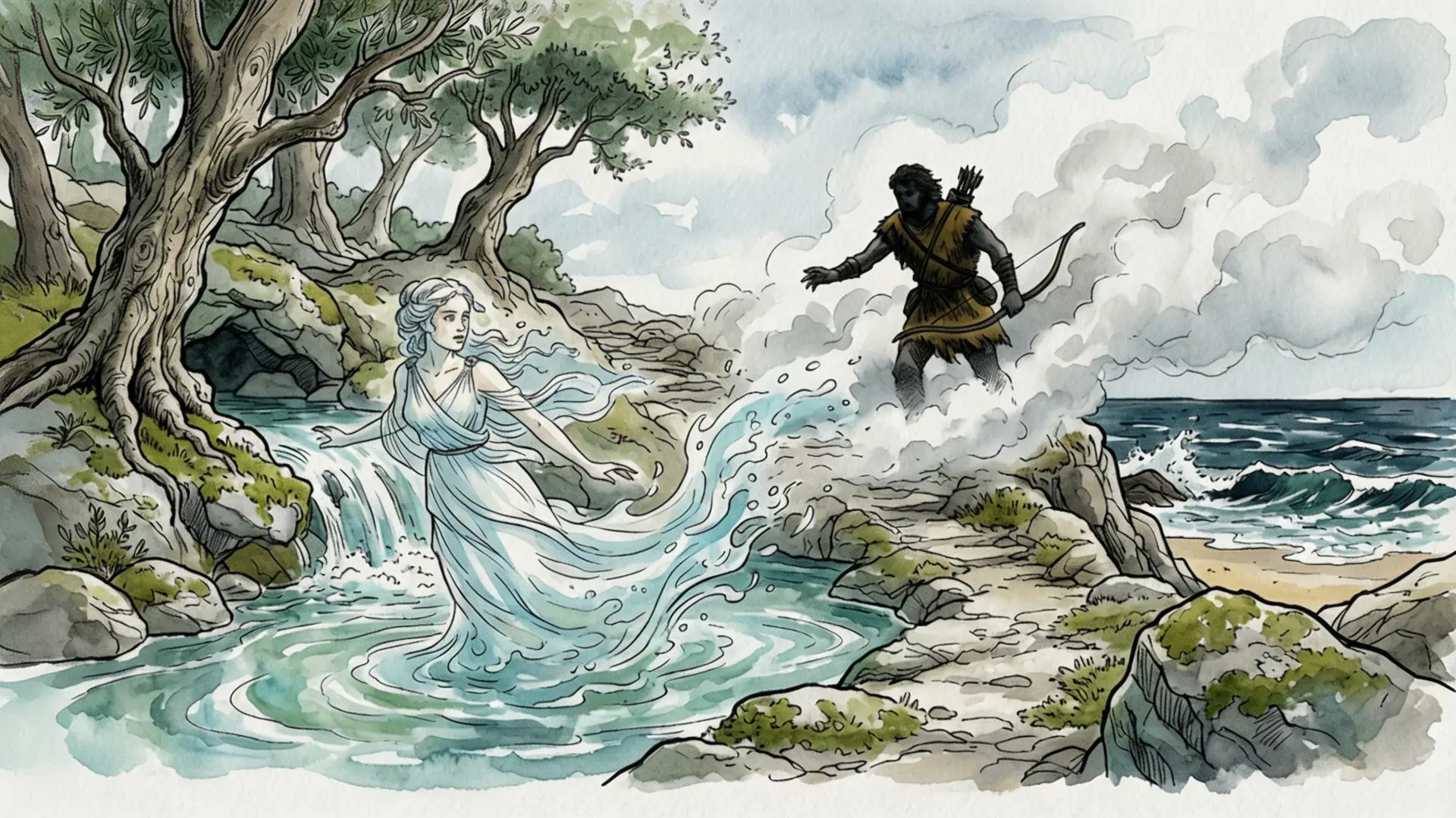 Illustrazione artistica ad acquerello del mito greco di Aretusa e Alfeo