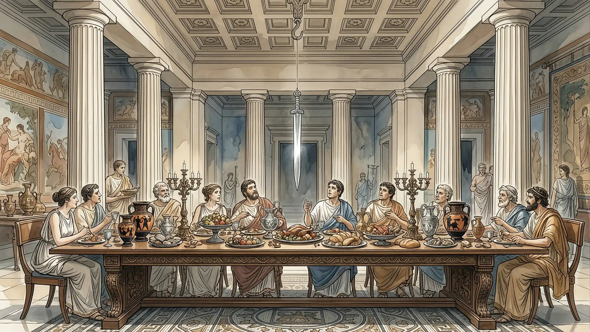 Illustrazione artistica ad acquerello del mito filosofico della Spada di Damocle
